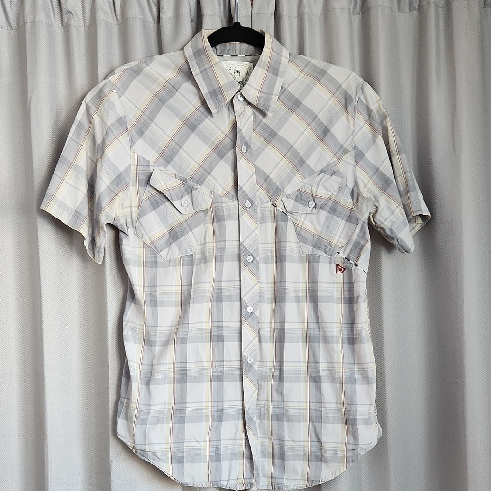 Gray and White Casual Button Down Shirt with Plaid Pattern